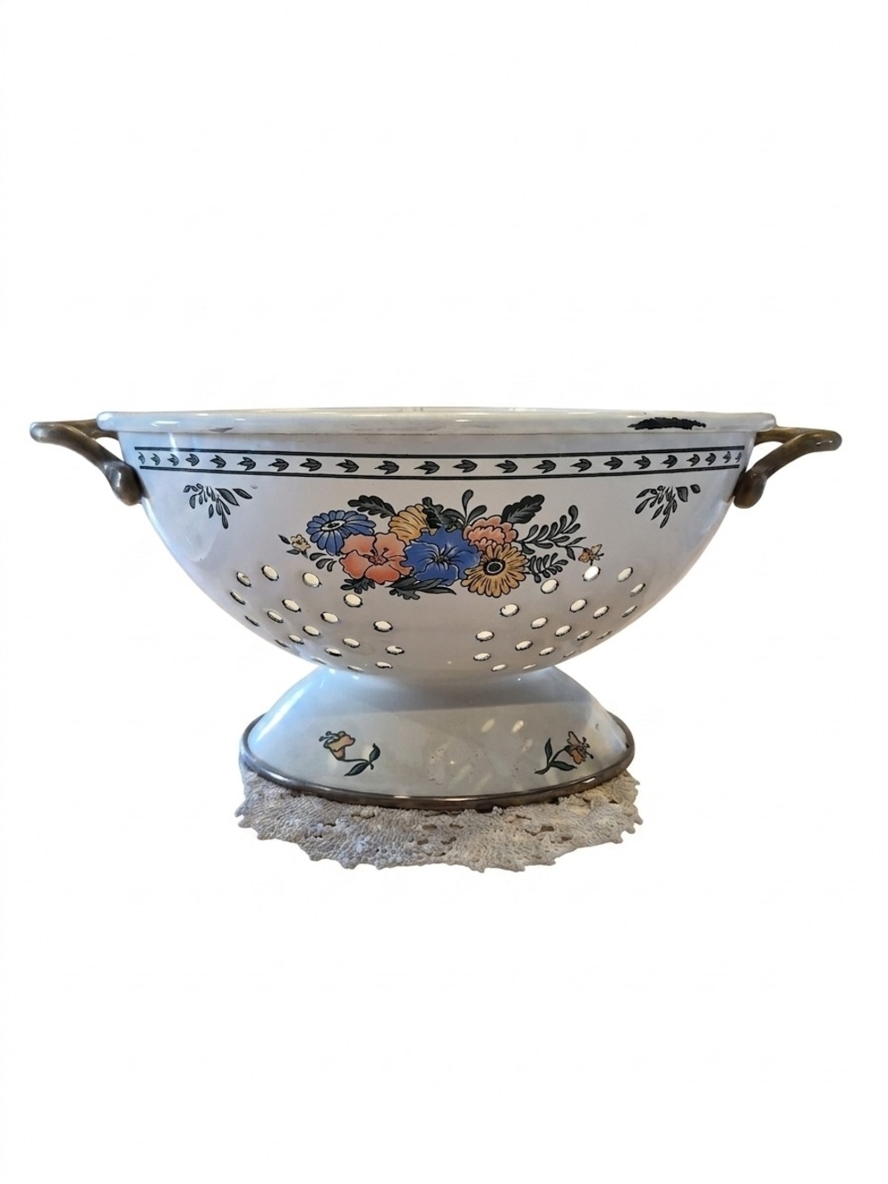 Vintage Floral Enamel Colander with Handles